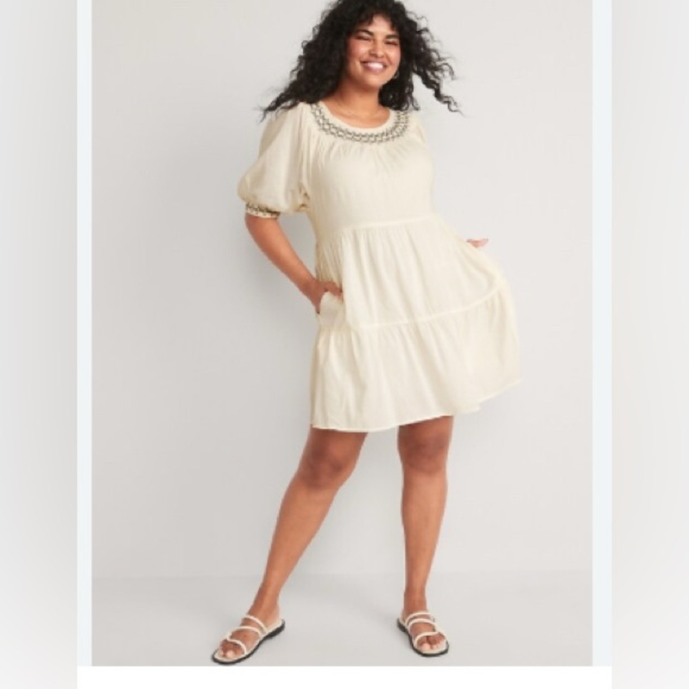 Old Navy Cream Mini Dress with Embroidered Neckline Tiered oversized look